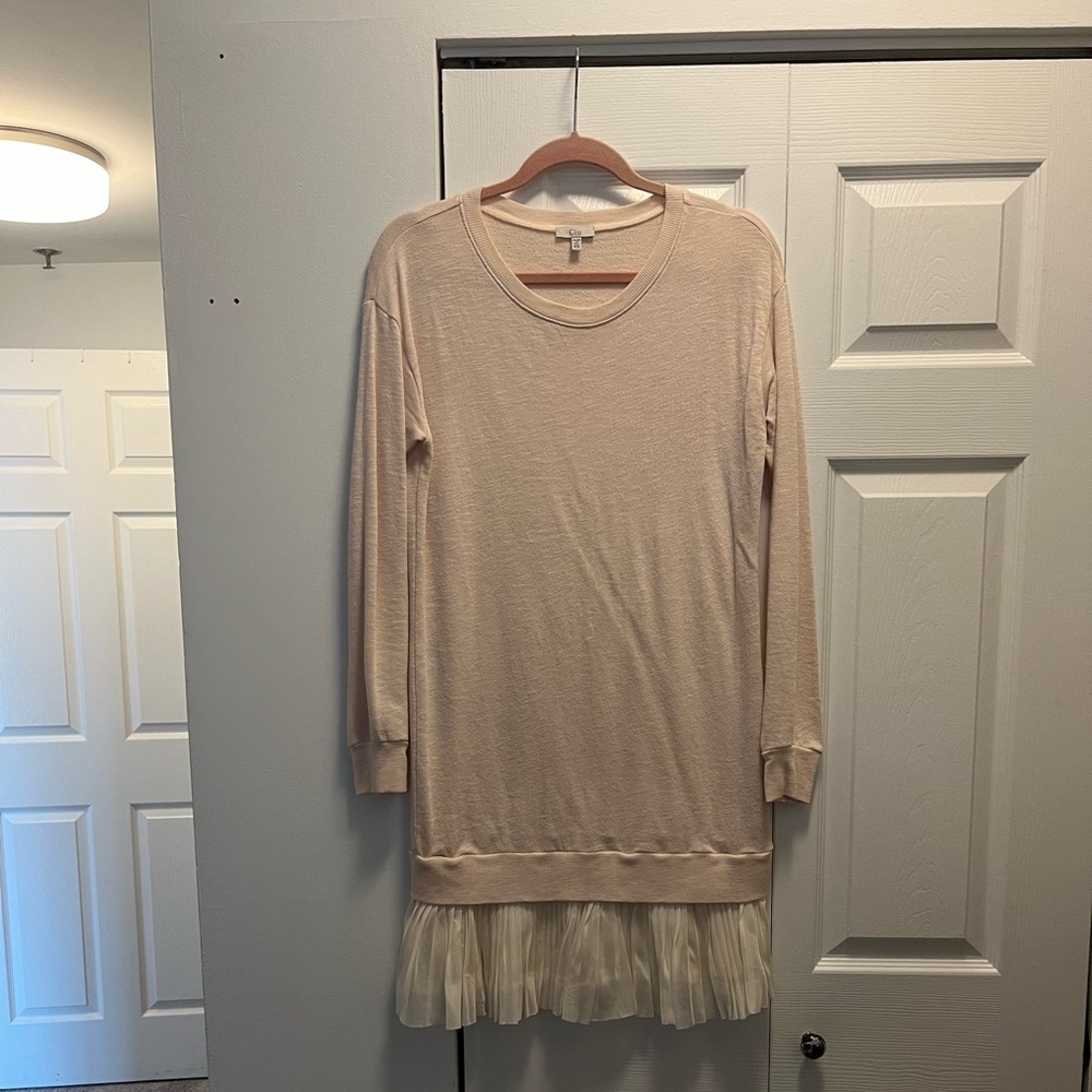 Light pink sweatshirt dress w/ pleated silk skirt